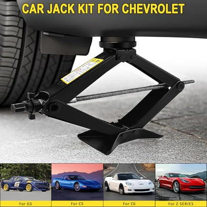 3-Ton Scissor Jack Kit for Chevrolet C5 C6 C7 C8 GS Z with Rubber Jack Pad, Car Spare Tire Repair Tools for Car Chevrolet, Tire Changing Tools Kit for Chevrolet with L-Wrenches（17/19/21/23mm）