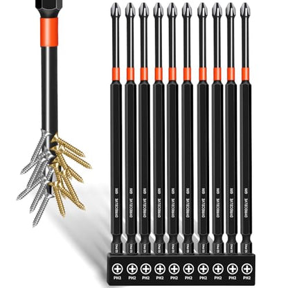 DYRECELVE 10-Piece Phillips Bits #2 Impact, 6-Inch Long Screwdriver Bits | Magnetic PH2 Phillips Head Drill Bits, S2 Steel, 1/4" Hex Shank for Impact Drivers and Tight-Reach Repairs - color: 6'' Ph2 10-pcs