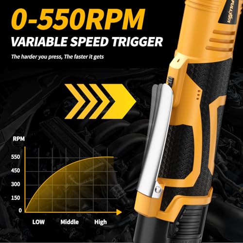 FULLYEA Cordless Electric Ratchet Wrench Set, 3/8" 18V Power Ratchet, 550 RPM, Cordless Ratchet Tool Kit with Variable Speed, LED Light, 2 * 2.0Ah Batteries and Fast Charger, Yellow