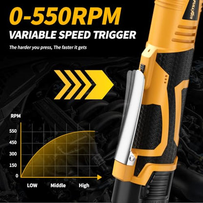 FULLYEA Cordless Electric Ratchet Wrench Set, 3/8" 18V Power Ratchet, 550 RPM, Cordless Ratchet Tool Kit with Variable Speed, LED Light, 2 * 2.0Ah Batteries and Fast Charger, Yellow