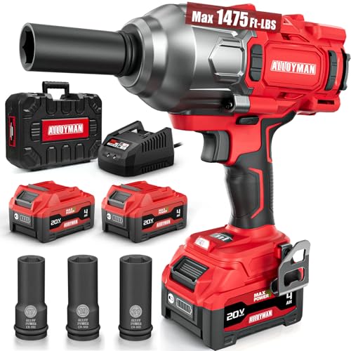 Alloyman Cordless Impact Wrench, 1475Ft-lbs (2000N.m) 1/2 High Torque Brushless Impact Gun, 20V Power Impact Driver, 2*4000mAh Battery,3 Sockets, Brushless Motor Variable Speeds for Car/Truck RV/Mower - style: 1475Ft-lbs /2x Battery