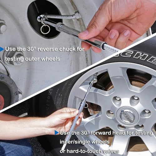 Tire Gauge for Semi Truck Straight-on Pencil Gauge with Tread Depth Gauge | Heavy Duty Dual Head Tire Pressure Gauge,10-150PSI 10-120PSI Pencil Tire Checker Extended Tube for Semi Truck Car