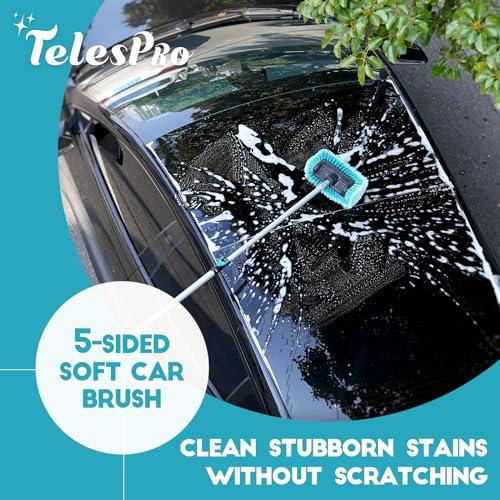 TelesPro 12FT Car Wash Brush with Long Handle, Car Cleaning Kit with Soft Wash Brush, Tire Brush, Window Squeegee, Microfiber Cleaning Head, Mitt, for House Siding, Auto Cars, Trucks, SUV, RV, Floors