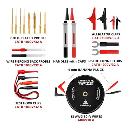 2 Wire 30 ft Retractable Test Leads with 4 mm Banana Plugs and Multimeter Test Leads Kit, Gold-Plated Test Probes, Alligator Clips, Test Hook Clips, Wire Piercing Back Probes and Spade Connectors