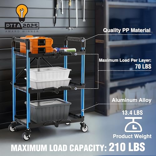WORKPRO 3-Tier Collapsible Service Cart, Black/Blue, 210 LBS Foldable Utility Cart with Wheels, Portable Rolling Tool Cart for Garage, Warehouse, Home, Restaurant and Office (No Assembly Required) - color: Black/Glossy Blue