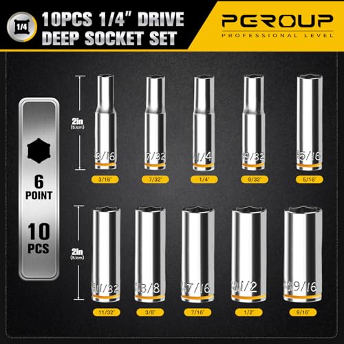 10PCS 1/4” Drive Deep Socket Set, SAE (3/16"-9/16"), 6-Point, Cr-V Steel, Chrome Plated Socket With Hanging Bracket, Cover Most Commonly Sizes - size: 1/4"SAE (3/16"-9/16")