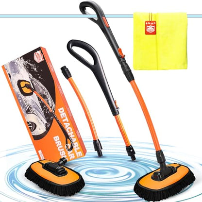Car Wash Brush with Long Handle, Chenille Microfiber Car Wash Mop Kit, Scratch Free Car Cleaning Supplies with Ergonomic 15掳 Curved Extension Pole for RV Truck Boat Windshield - Orange - color: Orange