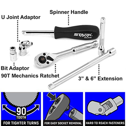 Stark USA 55-Pieces 1/4" Socket Set, Drive Socket Wrench Set, 1/4-inch Quick-Release Ratchets 90-Tooth Pear Head Ratchet SAE (5/32-9/16) MM (4-14) - style: 55pcs SAE/Metric Impact Socket Set