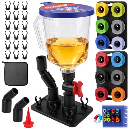 20-Piece Oil Funnel Kit, Engine Oil Funnel Kit 1.59QT/1.5L, Spill-Proof Oil Change Kit with 12 Adapters, Shut-Off Valve, Elbow Fitting, Magnetic Storage System, No Spill Funnel for Automotive