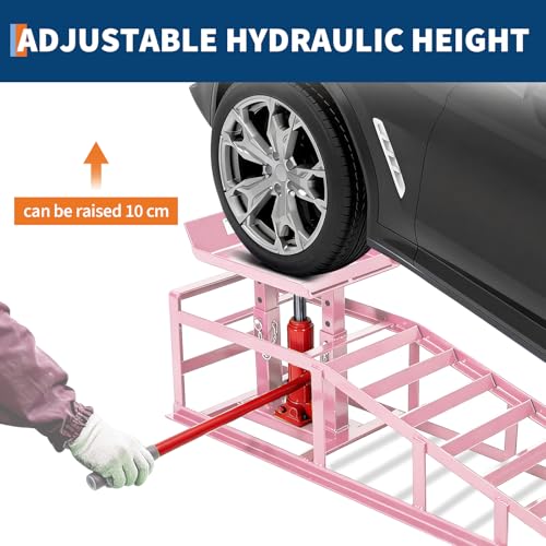 Jojoka Hydraulic Car Ramps, Heavy Duty Steel, 11000 LBS, Adjustable Low Profile Lift, 9.4-13.34 in Height, Garage Service Ramps for Oil Changes, Trucks & Cars, 2PCS - color: Pink
