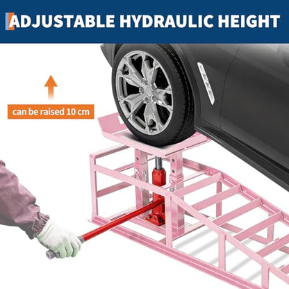 Jojoka Hydraulic Car Ramps, Heavy Duty Steel, 11000 LBS, Adjustable Low Profile Lift, 9.4-13.34 in Height, Garage Service Ramps for Oil Changes, Trucks & Cars, 2PCS - color: Pink
