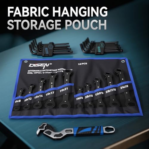 DISEN 10-Piece Double Offset Box End Reversible Ratcheting Wrench Set, SAE (1/4-7/8 inch) & Metric (6-21mm) Heavy Duty Ratcheting Wrench Set for Narrow Space, Rolling Pouch - style: 10 PCS