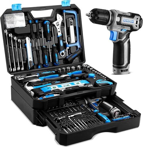 Tool Set: Tool Kit with 12V Cordless Drill, Hand Toolbox with storage case, Mechanic Tool set for Home Repairs, Blue - color: Blue