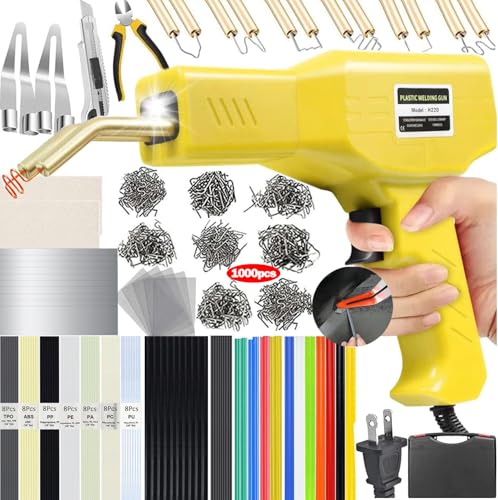 220W Plastic Welder,2 in 1 Plastic Welding Kit 1000PCS Hot Staples Plastic Repair Kit With 100PCS Plastic Welding Rods Car Bumper Repair Kit for Most Plastic Repair - color: Yellow