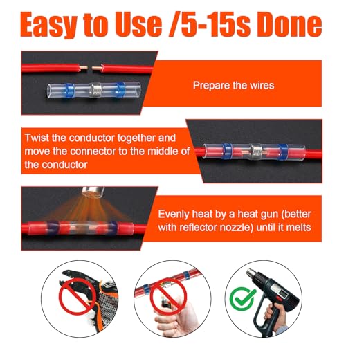 120PCS Solder Seal Wire Connectors Heat Shrink Butt Connectors Kit | Waterproof Heat Shrink Electrical Terminals, Insulated Solderless Wiring Splice Connectors for Marine, Automotive Boat Truck