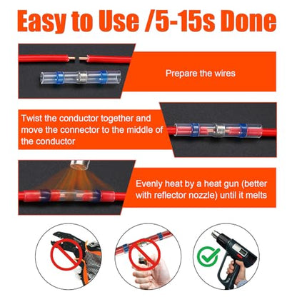 120PCS Solder Seal Wire Connectors Heat Shrink Butt Connectors Kit | Waterproof Heat Shrink Electrical Terminals, Insulated Solderless Wiring Splice Connectors for Marine, Automotive Boat Truck