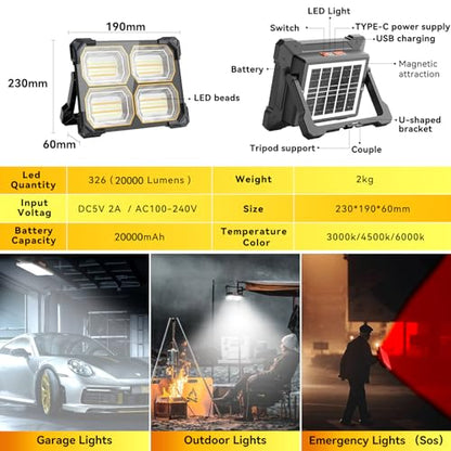 200W Led Work Light Rechargeable,20000MAh Solar Portable Light, 20000LM Magnetic Work Lights, 326 Led Battery Work Lights with Stand 5 Lights Modes IP66 Waterproof for Outdoor Camping Car Repairing