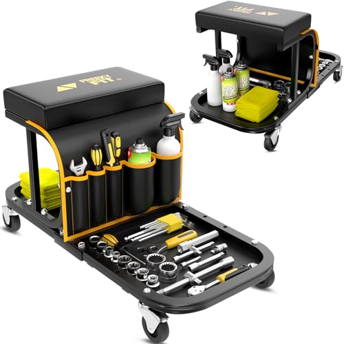 Rolling Shop Stool Chair with Wheels, Mechanic Garage Stool on Wheels, Auto Car Detailing Stools Seat with Tool Tray Storage for Garage Work, Workshop, Home, Garden, DIY, 300 LBS Capacity, Yellow - color: Yellow