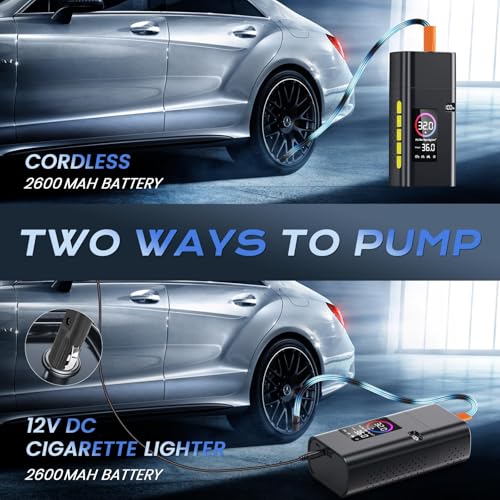 AIPOWAY 180PSI Cordless Tire Inflator for Car, Bike, Motorcycle Tires | 2600mAh Battery, 32L/min Airflow, Digital LCD Gauge, LED Light, Power bank, Auto Shut-off for Road Trips and Camping Gear