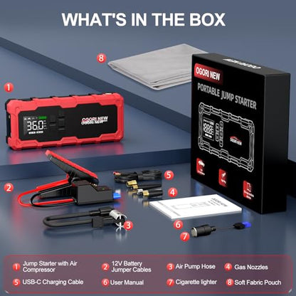 8000A Jump Starter with Air Compressor, 26800mAh 150PSI Portable Car Battery Jump Starter (All Gas/16L Diesel), 12V Supersafe Jump Box Car Battery Booster with Jumper Cables, Lights, Cigarette Lighter - size: L