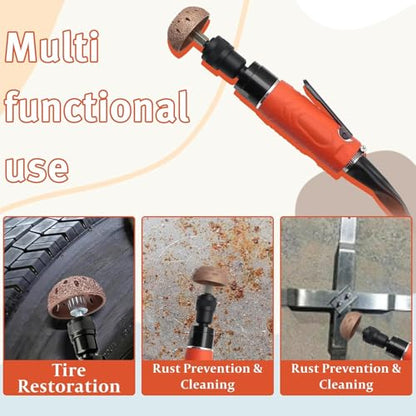 Low Speed Air Tire Buffer Kit, 2500 RPM Pneumatic Buffer Tool with Tungsten Buffing Wheels, Patch Roller and Inner Liner Scraper for Rubber Surface Prep and Patch Repair