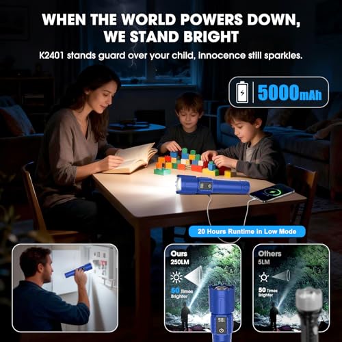 Rechargeable Tactical Flashlights 2000 High Lumens - 5000mAh Super Bright LED Powerful Flash Light, Waterproof Handheld USB C Flashlight for Home,Car,Camping,Emergencies,5 Modes,Zoomable (1, Blue) - color: Blue