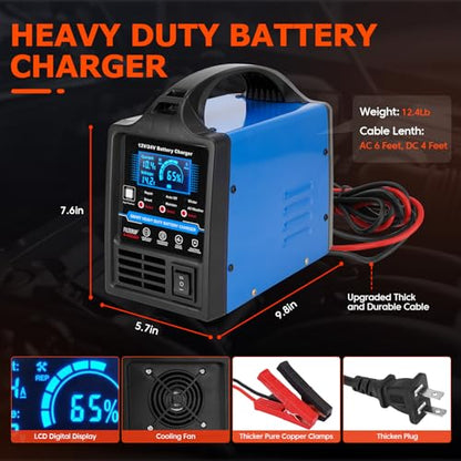 12V 24V Lead-Acid Battery Charger Heavy Duty, 0-15A Smart Automatic Battery Maintainer, Trickle Charger with Repair, Auto Off, Winter & Summer Mode, for Car Truck Boat Motorcycle RV Lawn Mower (Blue)