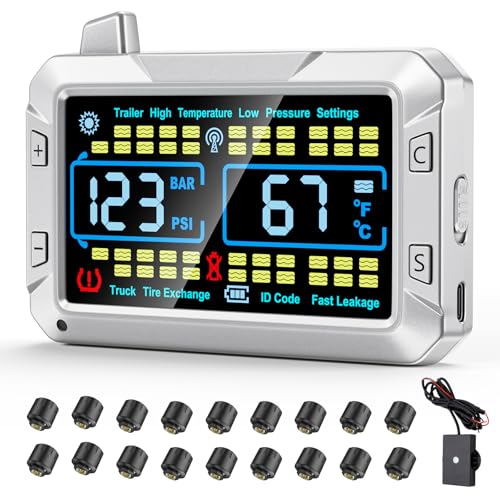 truck tire pressure monitoring system (0-188 PSI) features a signal booster, a 4.3-inch color screen, six alarm modes, and can monitor up to 43 tires for trailer rv semi truck camper (18 Sensors) - size: 18 Sensors