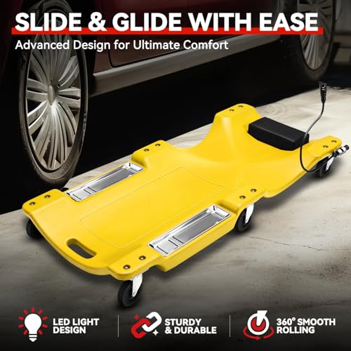Auto Dynasty 40 Inches Mechanic Creeper, Automotive Garage Repair Low Profile Under Car Rolling Creeper with LED Light and Padded Headrest, Plastic, Yellow - color: Yellow, size: 40" L (w/LED Light)