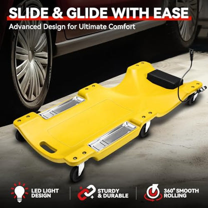 Auto Dynasty 40 Inches Mechanic Creeper, Automotive Garage Repair Low Profile Under Car Rolling Creeper with LED Light and Padded Headrest, Plastic, Yellow - color: Yellow, size: 40" L (w/LED Light)