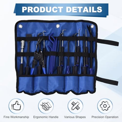 17Pcs Hook and Pick, Rotary Head Magnetic Pickup Tool Clip Pliers Plastic Pry Pieces Large Small Hook Pry Bar Gasket Scraper for Remove Hoses Gaskets Car Panel Fastener, Blue - color: Blue