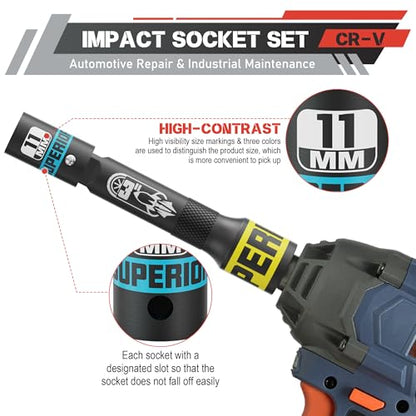 50 Piece 3/8" Drive Impact Socket Set, SAE (5/16"-3/4") and Metric (7 mm-19 mm), Deep & Shallow Sockets with Extension Bars, Adapters, Automotive Repair & Industrial Maintenance - size: 3/8" Metric & SAE