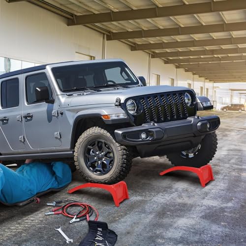 Set of 2 Heavy Duty Metal Car Ramps, Automotive Ramps, with 8000 LBS Capacity, 8 Inch Max Lift, 13 Inch Wide, for Automotive Vehicle Maintenance, Oil Change, Repair Ramp, Home Garage Use, Red