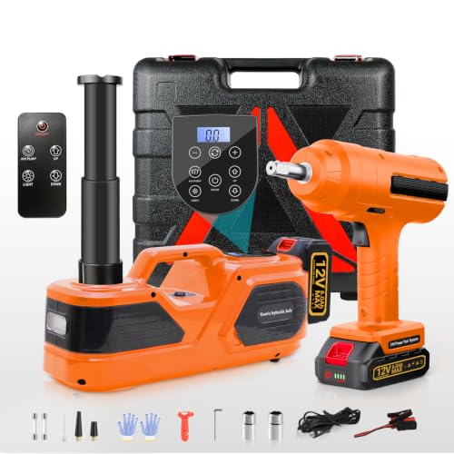 E-HEELP 5 ton Cordless Electric car Jack kit with Hydraulic Lift,Lithium Battery & Double Cylinder air Pump & LCD Touch Screen - Portable car Jack and Stand kit Includes Impact Wrench