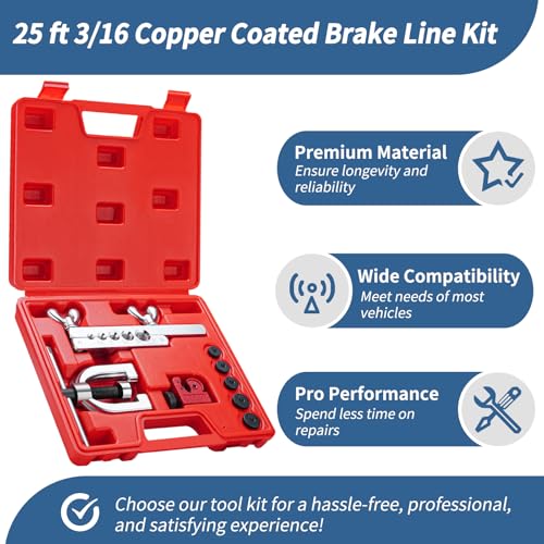 25 ft 3/16 Copper Coated Brake Line Kit 16 Brake Line Fittings and 4 Unions Brake Line Fittings Double & Single Flaring Tool Kit