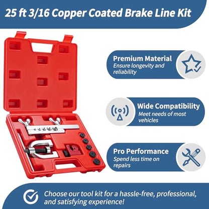 25 ft 3/16 Copper Coated Brake Line Kit 16 Brake Line Fittings and 4 Unions Brake Line Fittings Double & Single Flaring Tool Kit