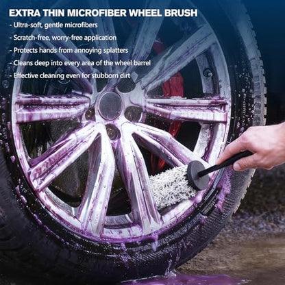 Professional Car Wheel Cleaning Kit with Ultra-Flat Wheel Brush, Tire Brush, Detailing Brush, Chenille Wash Mitt, Tire Shine Applicator Pad, Microfiber Towel | Gentle Scratch-Free Car Wash & Care