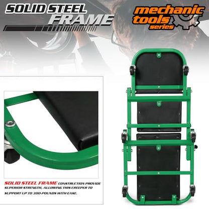 M-AUTO Foldable Z Creeper 2-in-1 Rolling Folding Car Creeper & Seat, 36" Adjustable Roller Garage Chair Lay Down or Sit, 330LBS Capacity Under Car Roller Creeper with 6 Swivel Casters, Green - color: Green, size: 36"