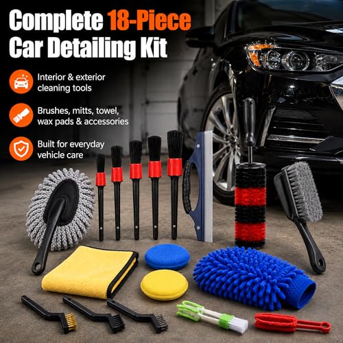 18-Piece Car Detailing Kit – Complete Car Interior Detailing Kit and Exterior Cleaning Set with Detail Brushes, Wire Brushes, Waxing Mop, and Microfiber Accessories for Vehicles