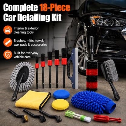 18-Piece Car Detailing Kit – Complete Car Interior Detailing Kit and Exterior Cleaning Set with Detail Brushes, Wire Brushes, Waxing Mop, and Microfiber Accessories for Vehicles
