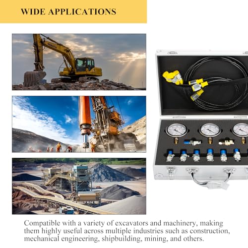 Hydraulic Pressure Test Kit, 3 Gauges(/4000/6000/10000 PSI) & 8 Test Couplings & 1 Quick Connector & 3 Test Hoses, Hydraulic Pressure Gauges, for Excavator, Construction, Machinery