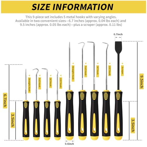 9PCS Hook and Pick Tool Set with Scraper- Automotive Pick Set | Automotive Pick Set with Metal Pick Tools & Ergonomic Grip, Mechanic Tool Set for Car Repair, O-Rings, Gaskets, Tight Spaces - color: yellow