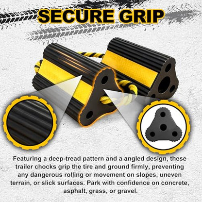 Wheel Chocks for RV Trailer Camper Truck Car, Versatile Heavy Duty Rubber Wheel Immobilizers & Chocks, Wheel Chocks Block with Rope and Reflective Strips [2 Pair 4 Pack]