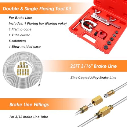 25 ft 3/16inch Zinc Coated Alloy Brake Line Kit(Includes 24 Fittings and 4 Unions) with Double & Single Flaring Tool Kit - size: 3/16 Inch Silver, style: Brake Line Kit