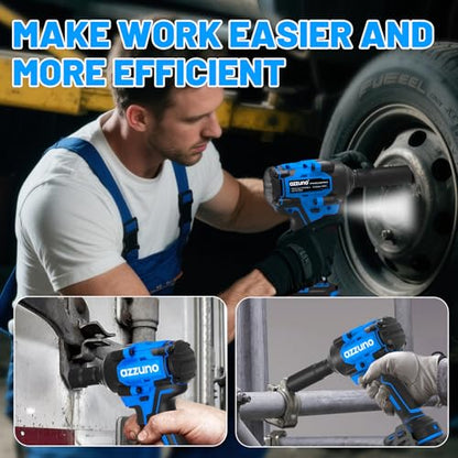 AZZUNO 1/2" Impact Wrench, 900N.m (665 Ft-lbs) Brushless Cordless Impact Driver, High Torque Electric Wrench With 2x 4.0Ah Battery, Charger & 4 CR-V Sockets, Led Light for Home Car Truck Tires - style: Max 665 Ft-lbs (900N.m)