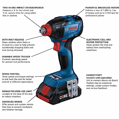 BOSCH GDX18V-1860CB15 18V Connected-Ready Two-In-One 1/4 In. and 1/2 In. Bit/Socket Impact Driver/Wrench Kit with (1) CORE18V 4 Ah Advanced Power Battery - style: w/ 18V 4 Ah Battery