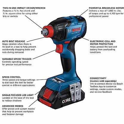 BOSCH GDX18V-1860CB15 18V Connected-Ready Two-In-One 1/4 In. and 1/2 In. Bit/Socket Impact Driver/Wrench Kit with (1) CORE18V 4 Ah Advanced Power Battery - style: w/ 18V 4 Ah Battery