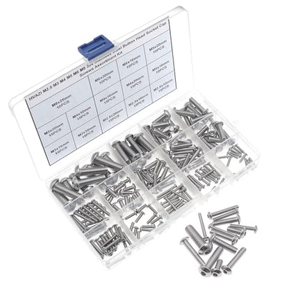 Metric M2.5-M8 304 Stainless Steel Button Head Socket Cap Screw Kit | 185PCS M2.5 M3 M4 M5 M6 M8 Hex Drive Rounded Head Bolts, ISO7380 Fully Threaded Fastener Set with Plastic Storage Box