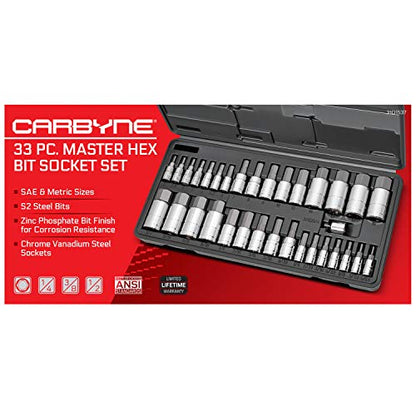 CARBYNE 33-Piece Master Bit Socket Set, SAE & Metric Hex (Allen) Bit Sockets, S2 Steel, 1/4", 3/8" & 1/2" Drive for Automotive, Motorcycle & Furniture Repair - size: 33 Piece