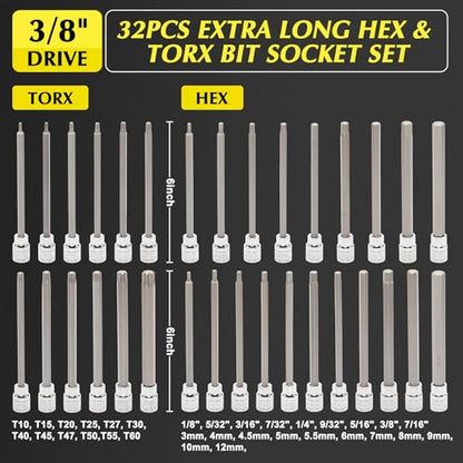 EMENTOL 32PCS 3/8"Dr. Extra Long Hex and Torx Bit Socket Set, CR-V, S2 Steel, 5.9" Length Allen Hex and Star Bit Socket Set, 1/8 Inch - 7/16 Inch, 3mm - 12mm, T10-T60